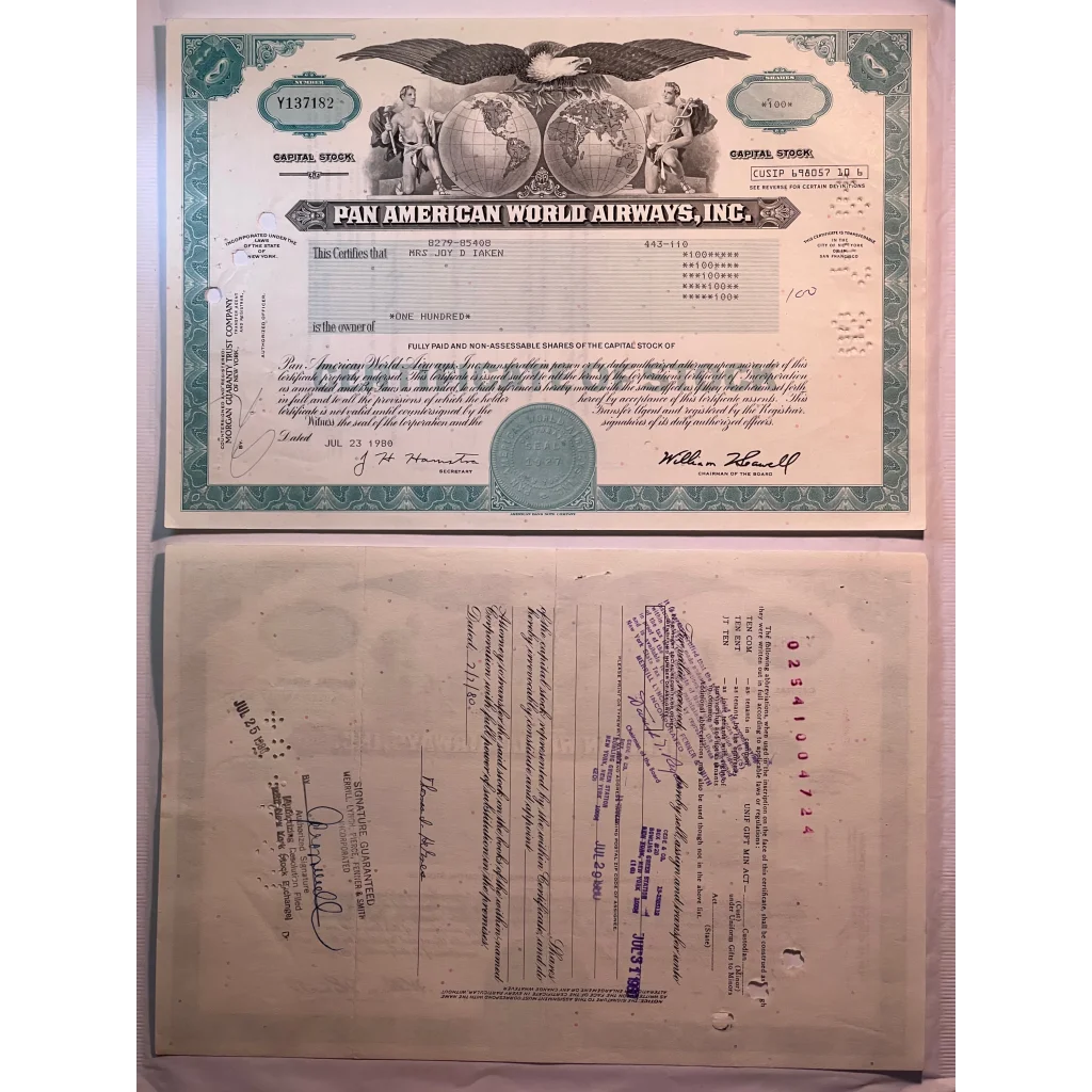 Vintage 💎️ Teal Pan Am American World Airways Stock Certificate Icon RIP Collectibles and Antique Gifts Home page