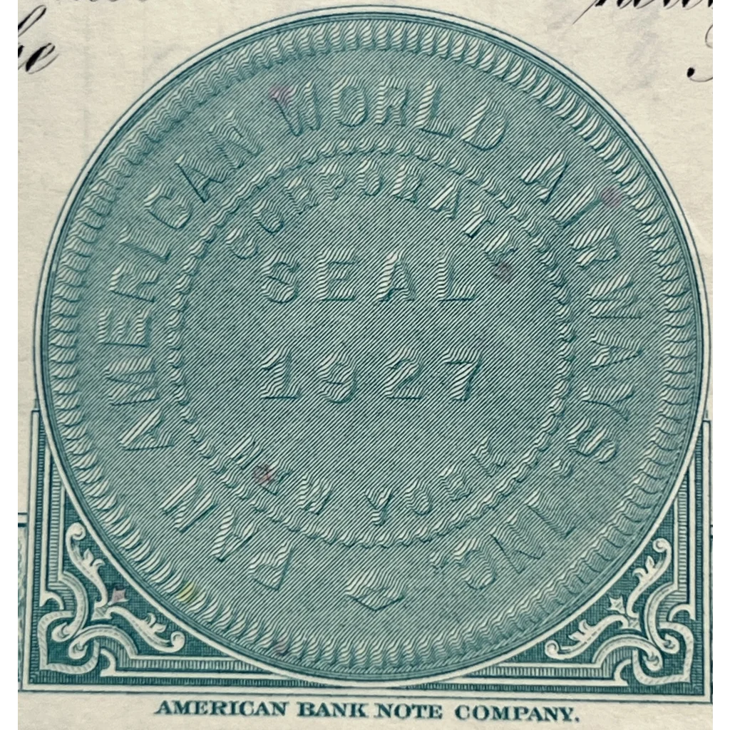 Circular seal with American World Airways and number 4327 on Vintage Teal Pan Am Stock Certificate