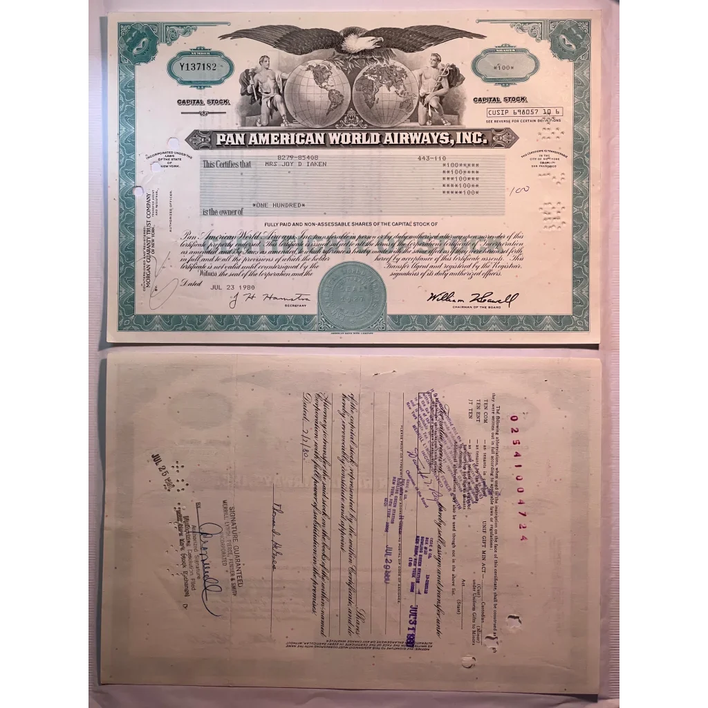 Vintage teal Pan Am stock certificate highlights aviation history in style