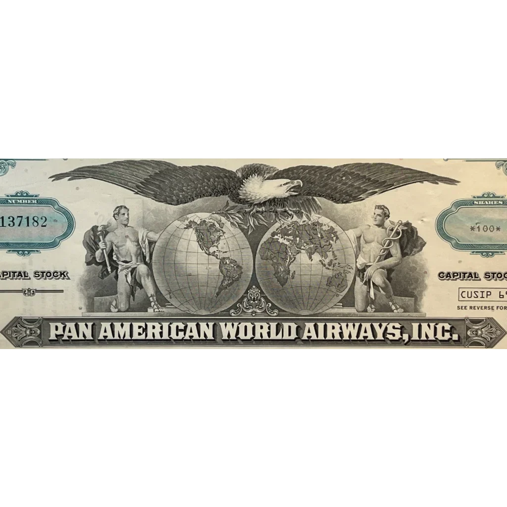 Vintage teal Pan Am stock certificate with eagle and globes showcases aviation history