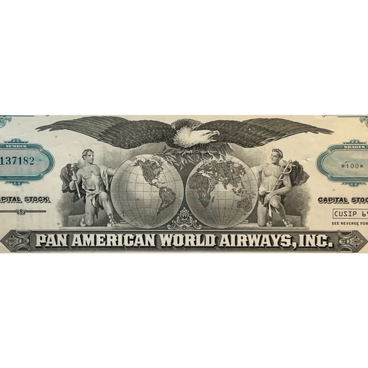 Vintage teal Pan Am stock certificate with eagle and globes showcases aviation history