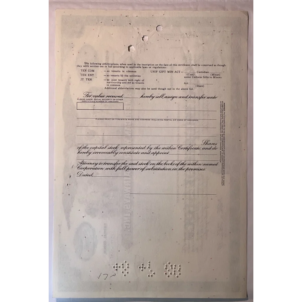 Partially filled-out Vintage Teal Pan Am Stock Certificate with faded text and blank lines