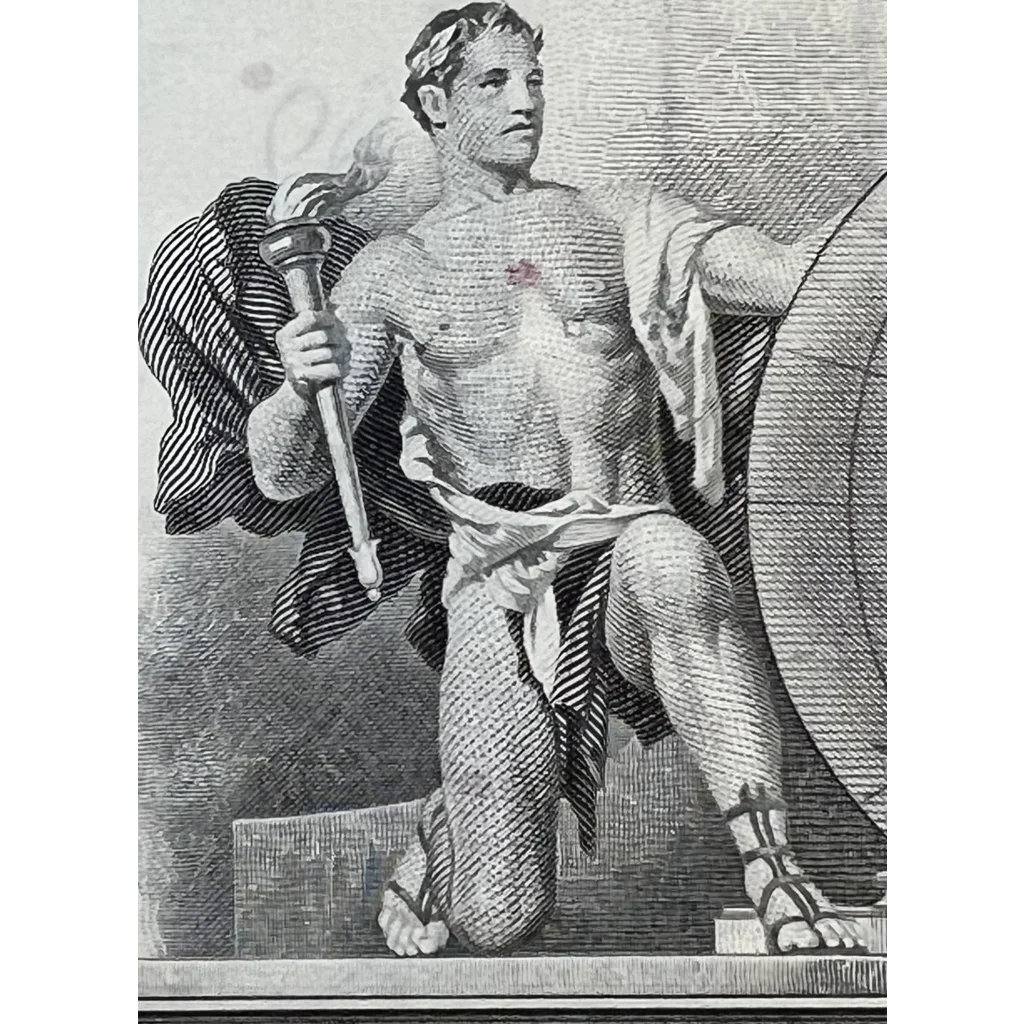 Classical engraving of a muscular figure with torch on Vintage Teal Pan Am Stock Certificate