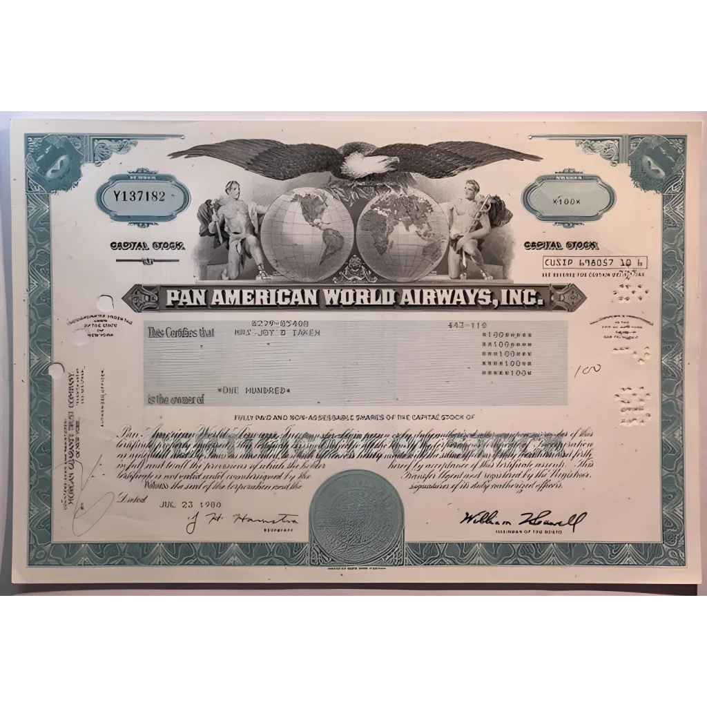 Vintage teal Pan Am stock certificate showcasing aviation history at home