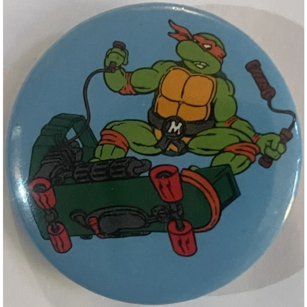 Circular Teenage Mutant Ninja Turtles pin of Michelangelo skateboarding, vintage style