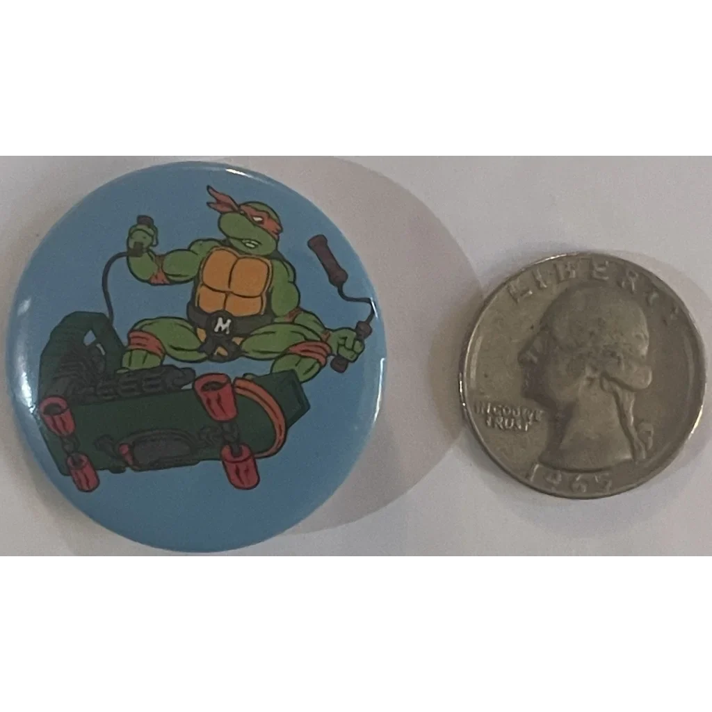 Cartoon button of a Teenage Mutant Ninja Turtle skating on a skateboard pin