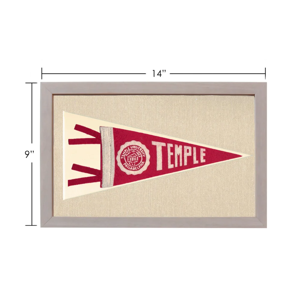 Framed vintage Temple University pennant in red and cream