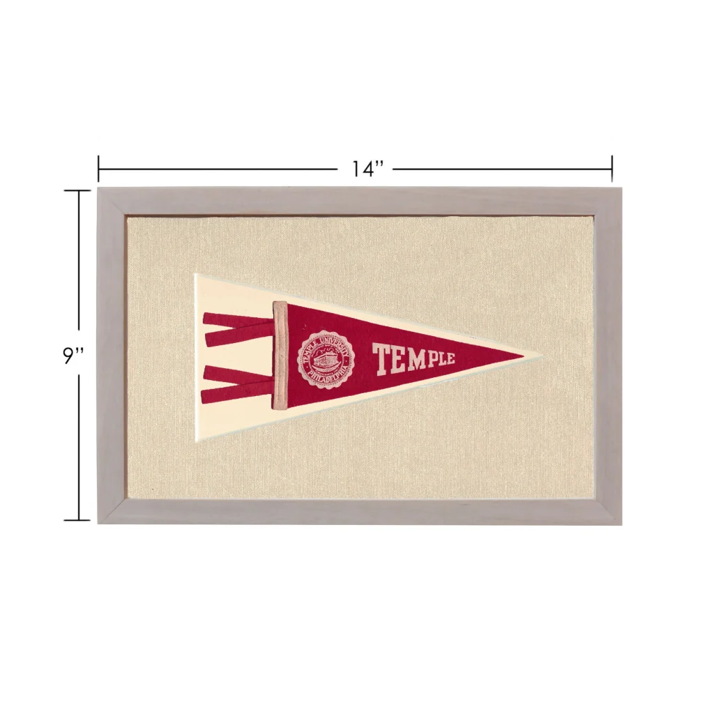 Vintage Temple University pennant in red and cream, framed in gray