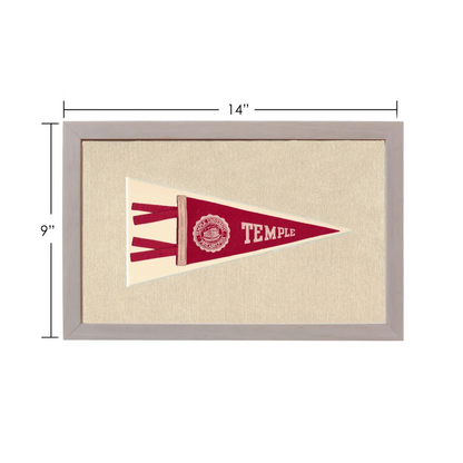 Vintage Temple University pennant in red and cream, framed in gray