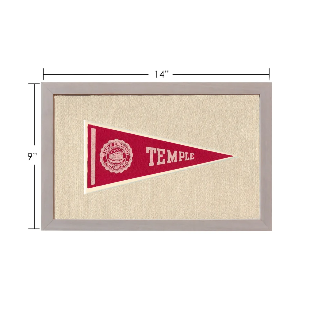 Vintage Temple University pennant in red and white, framed in gray