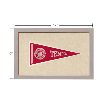 Vintage Temple University pennant in red and white, framed in gray