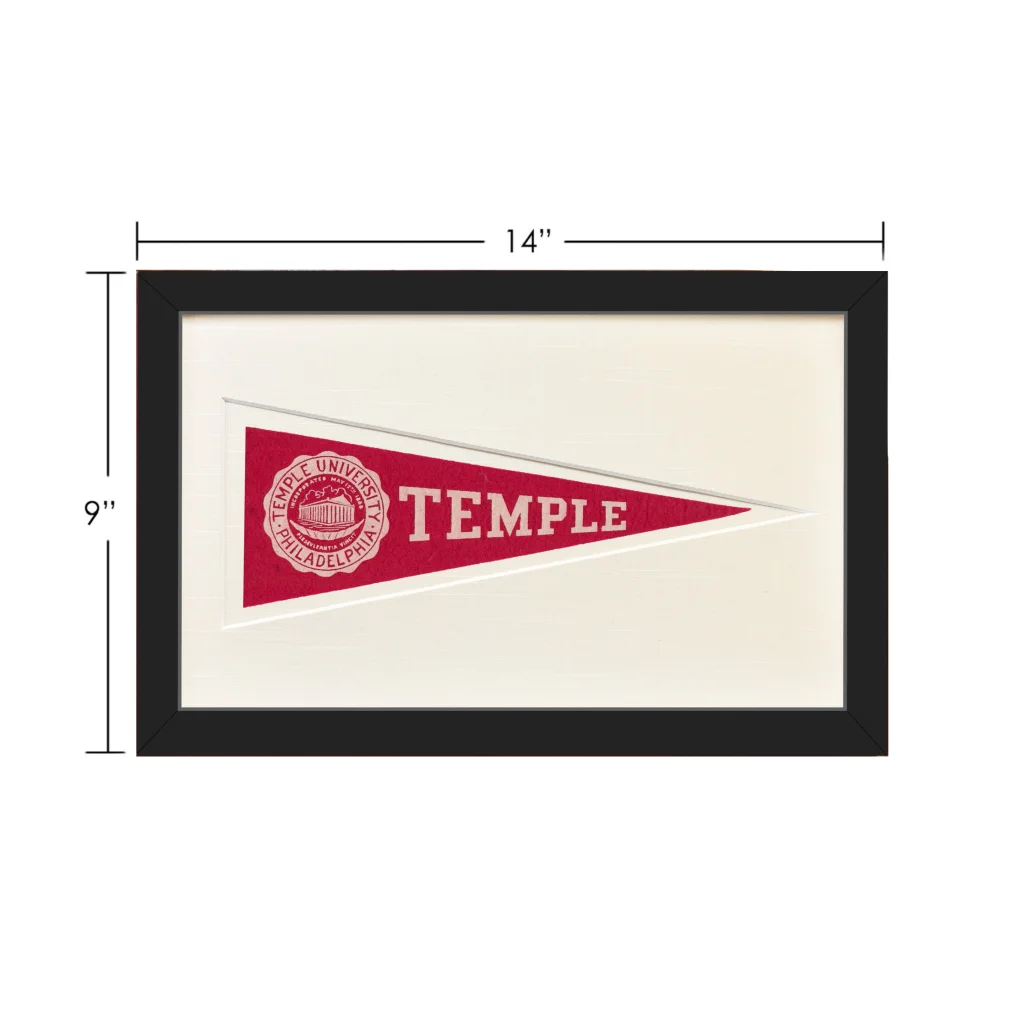 Vintage Temple wool felt pennant flag from 1950s with red white frame