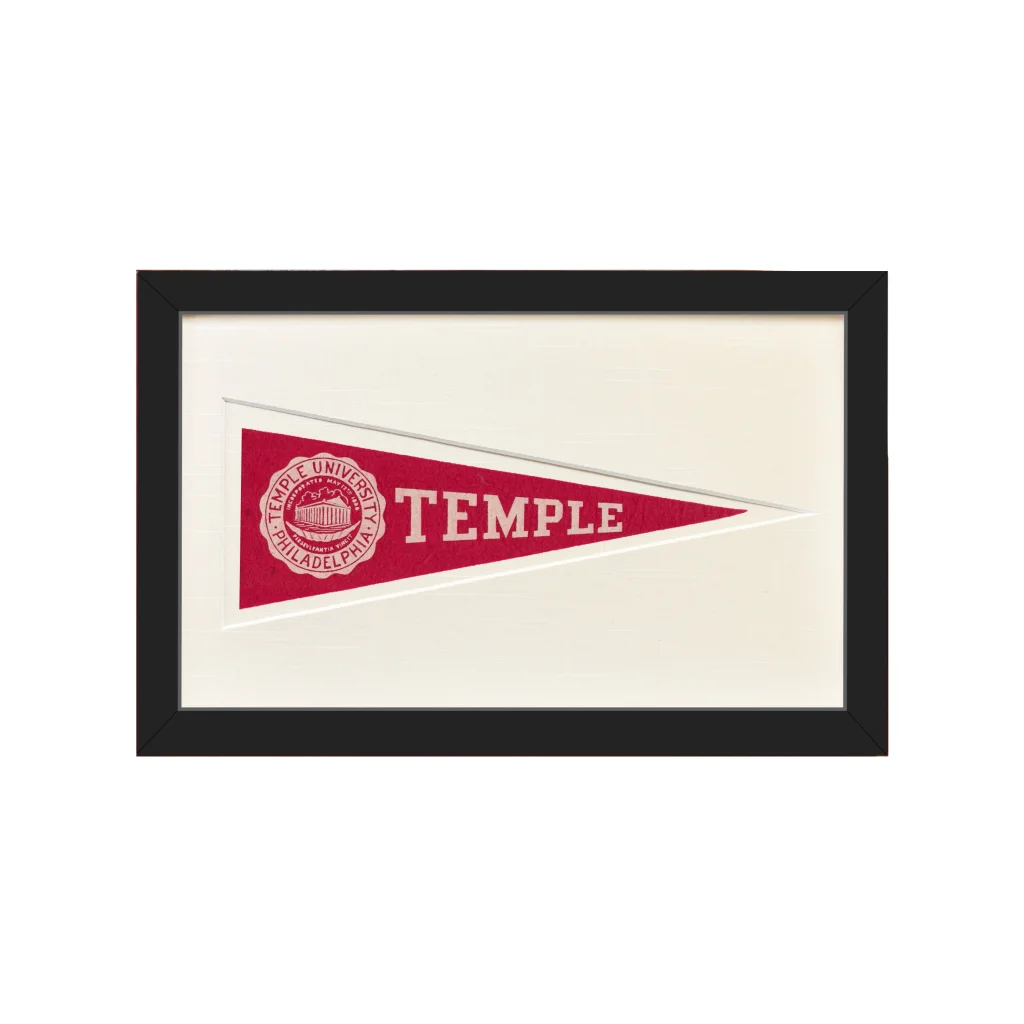 Vintage Temple wool felt pennant flag in red white black frame