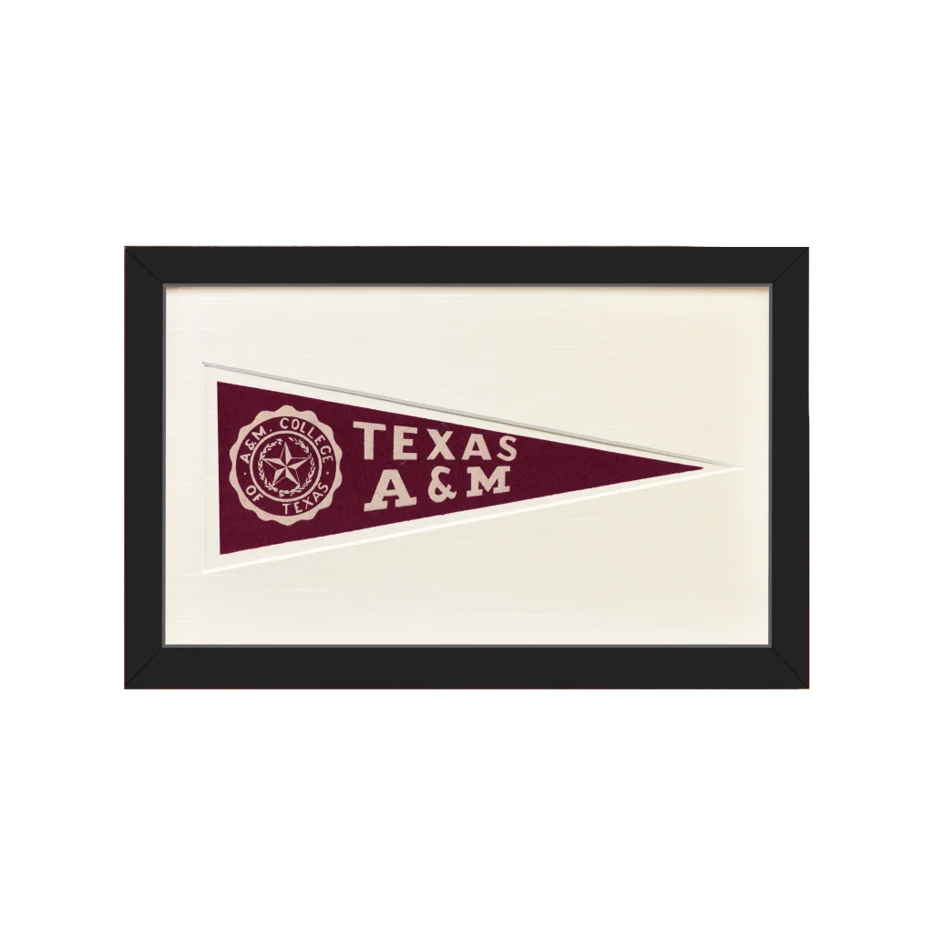 Vintage Texas A&M wool felt pennant, maroon with white star lettering, black frame