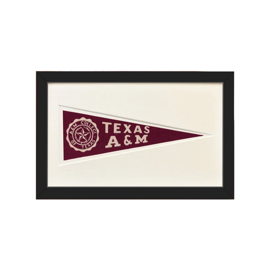 Vintage Texas A&M wool felt pennant, maroon with white star lettering, black frame