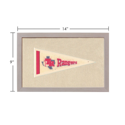 Vintage Texas Rangers pennant with red and navy logo on cream fabric