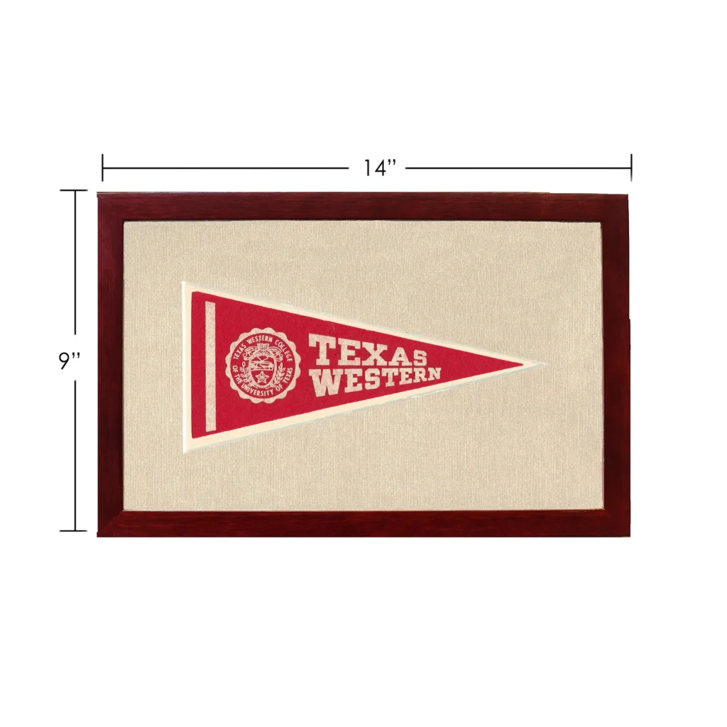 Vintage Texas Western College pennant in red with dark wood frame