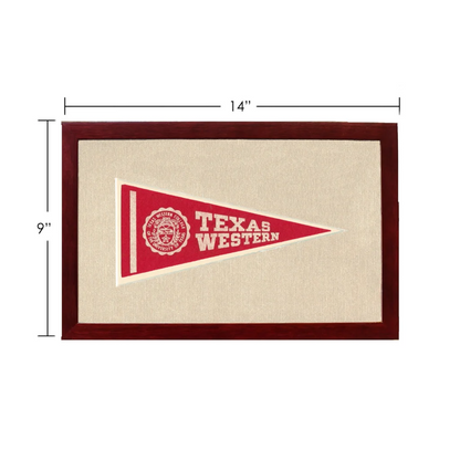 Vintage Texas Western College pennant in red with dark wood frame