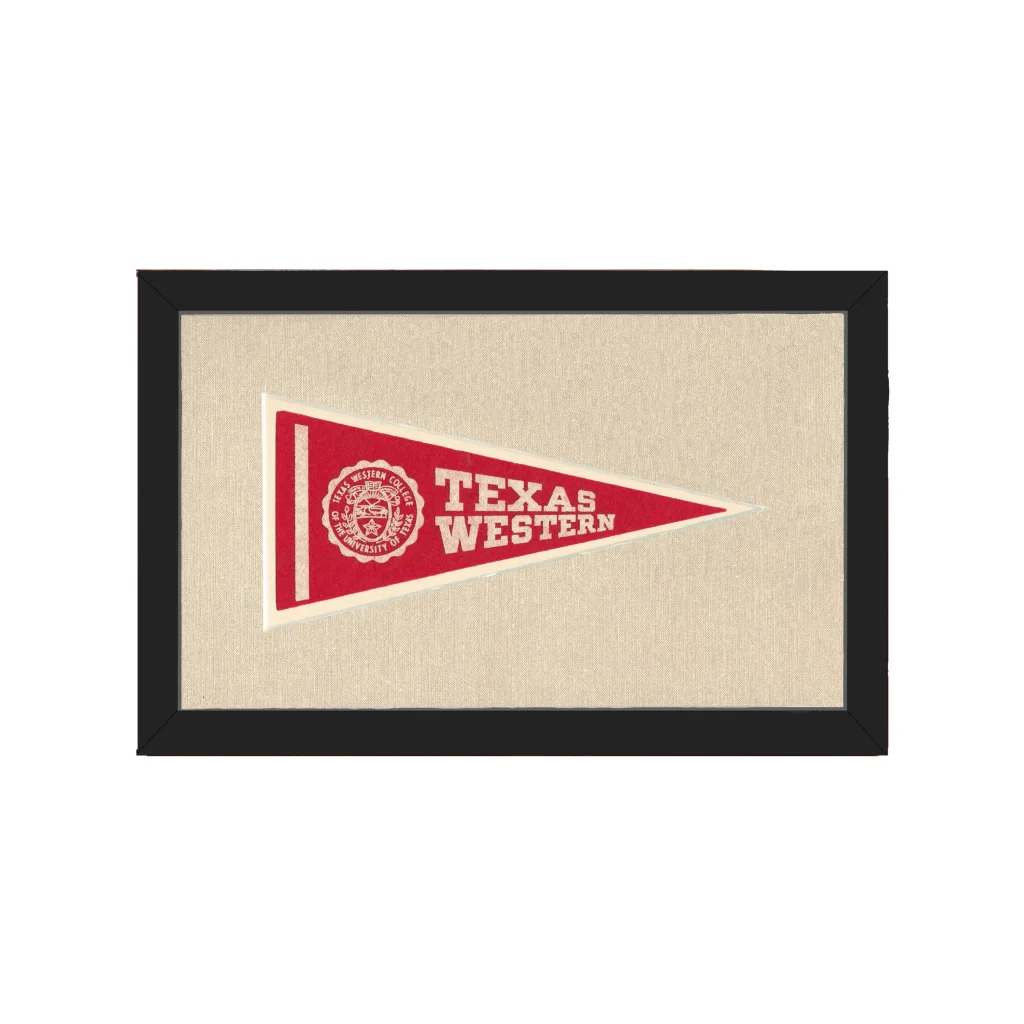 Vintage Texas Western College pennant, red with white lettering and emblem, framed in black
