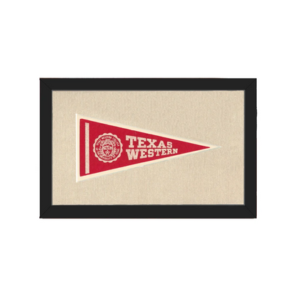 Vintage Texas Western College pennant, red with white lettering and emblem, framed in black