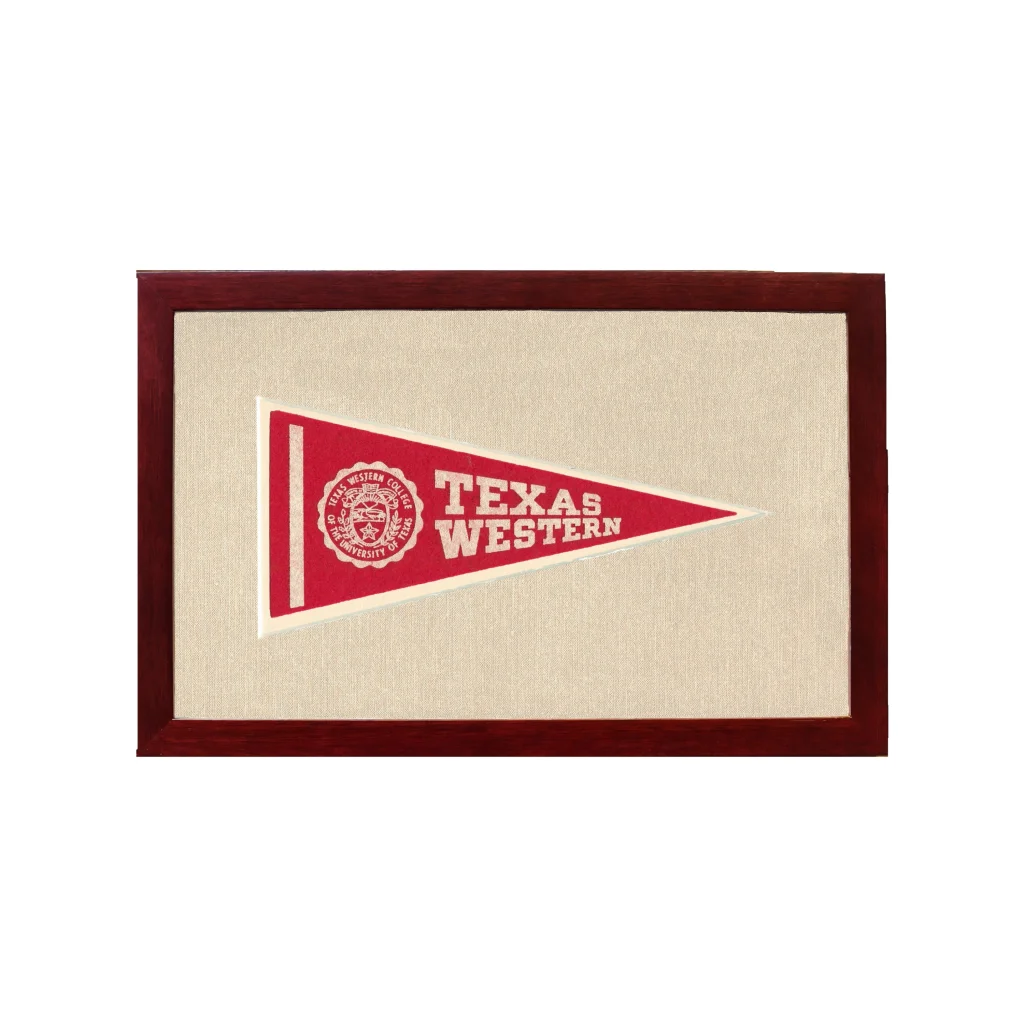 Vintage Texas Western College pennant in red with white lettering, framed