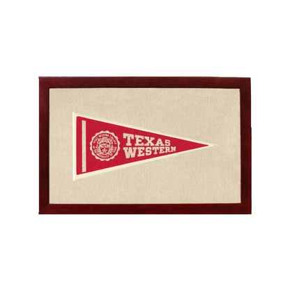 Vintage Texas Western College pennant in red with white lettering, framed