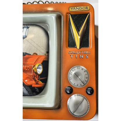Orange vintage TV tin with silver dial and yellow V logo from Three Stooges lunch box