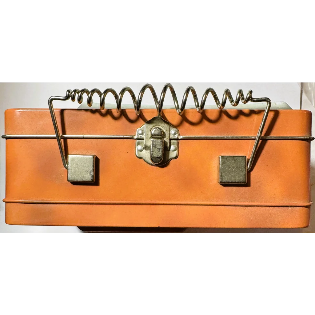 Orange vintage Three Stooges lunch box with spring-loaded lid and latches from 1999
