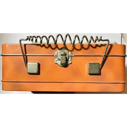 Orange vintage Three Stooges lunch box with spring-loaded lid and latches from 1999