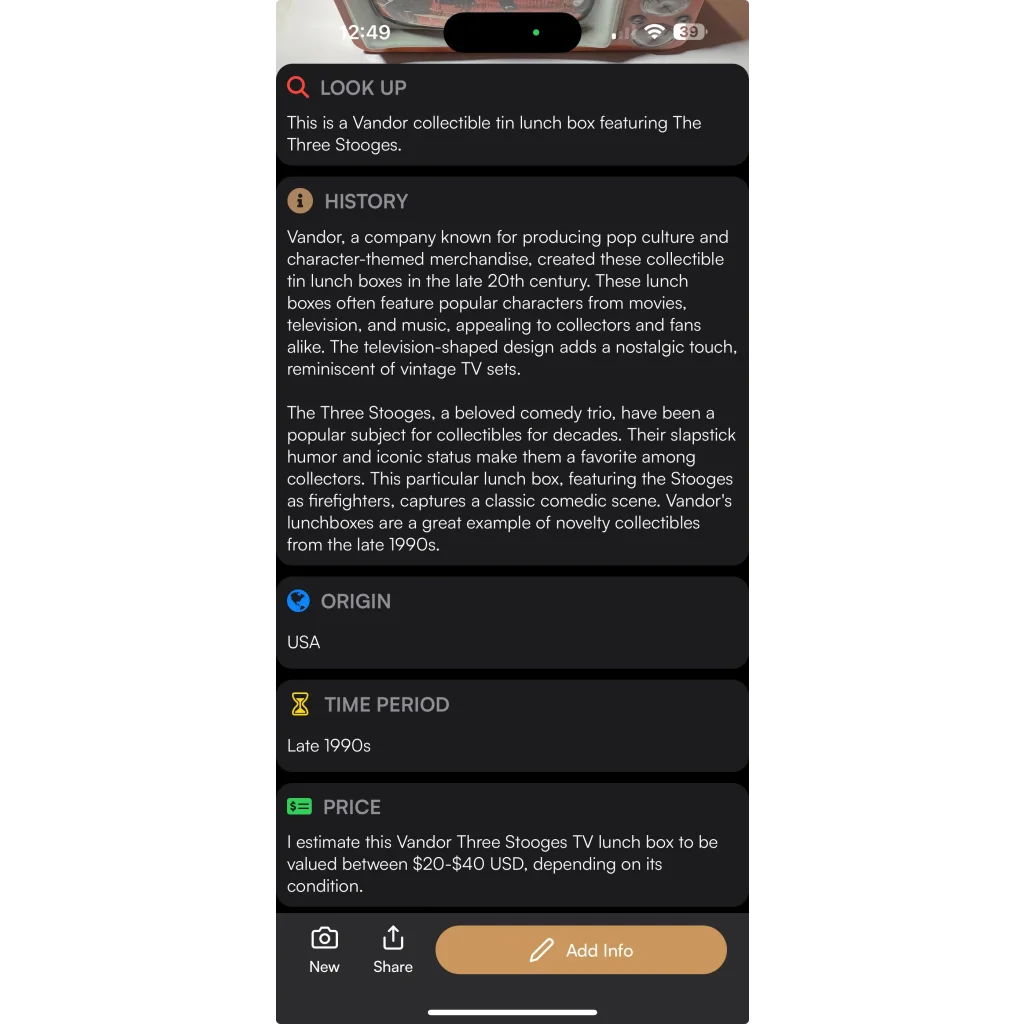 Vintage Three Stooges lunch box from 1999 with TV design and metallic silver finish