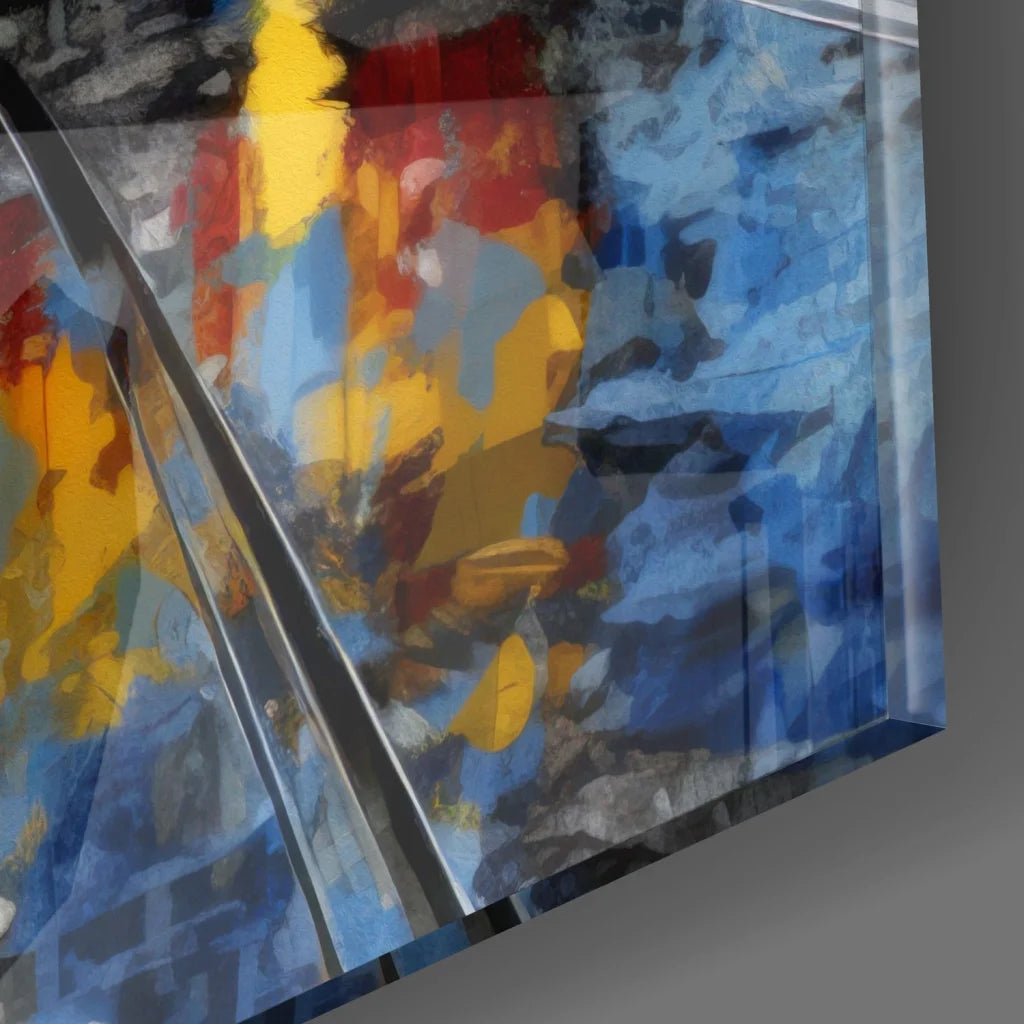 Vintage Tram tempered glass art with bold blue, yellow, red strokes