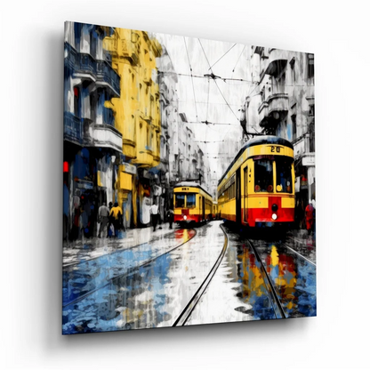 Vibrant yellow red vintage tram in bold abstract tempered glass art