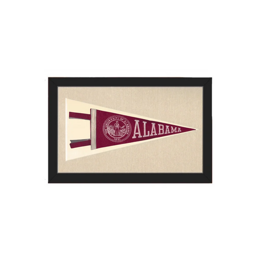 Vintage University of Alabama pennant in maroon and cream displayed in a black frame as a collectible vintage pennant