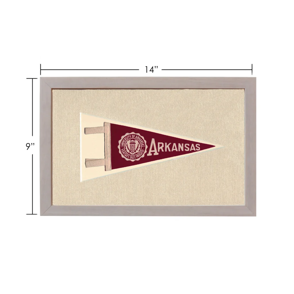 Vintage University of Arkansas maroon and cream pennant in gray frame