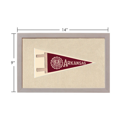 Vintage University of Arkansas maroon and cream pennant in gray frame