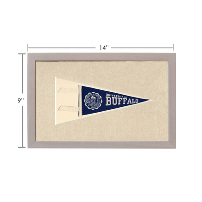 Vintage University of Buffalo pennant in navy blue and cream, framed