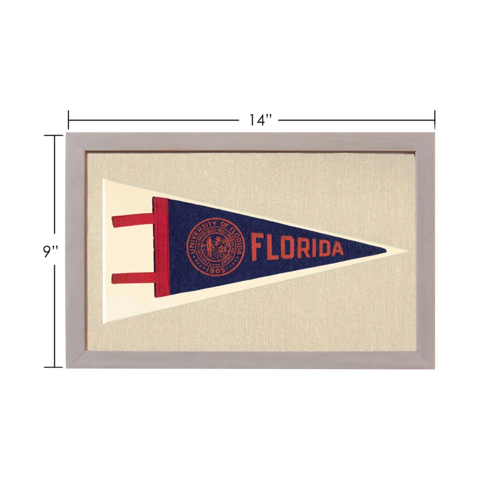 Vintage University of Florida pennant framed on textured background