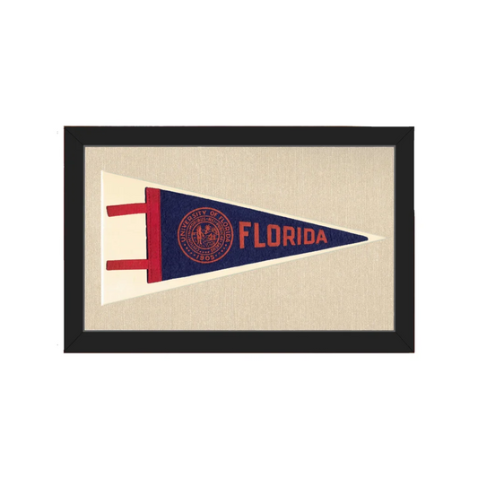 Vintage University of Florida pennant in navy blue and red, framed