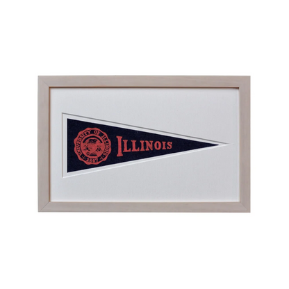 Vintage University of Illinois wool felt pennant framed with navy blue background