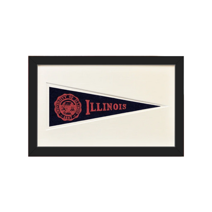 Vintage University of Illinois wool felt pennant with navy blue flag, red lettering and seal