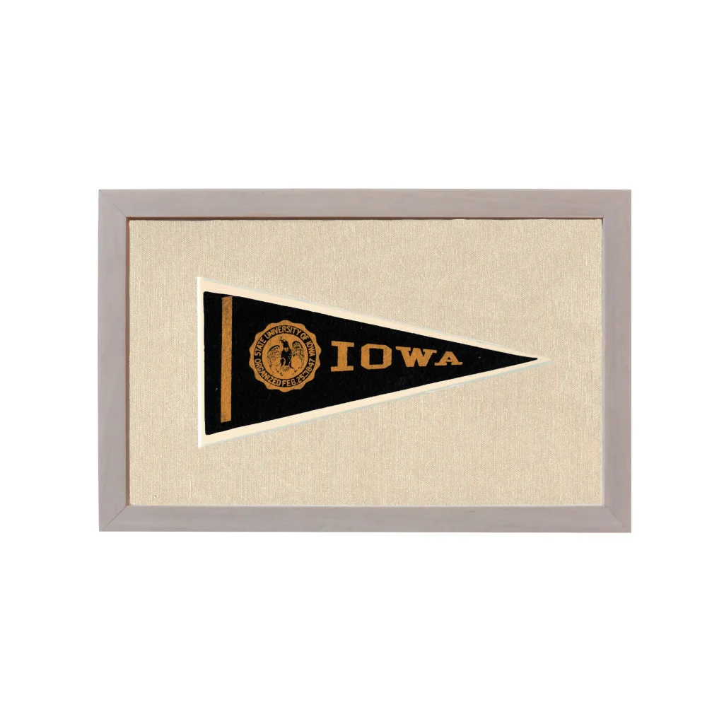 Vintage University of Iowa black and gold pennant in gray frame