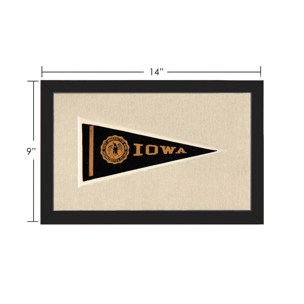Framed black and gold vintage Iowa State University pennant