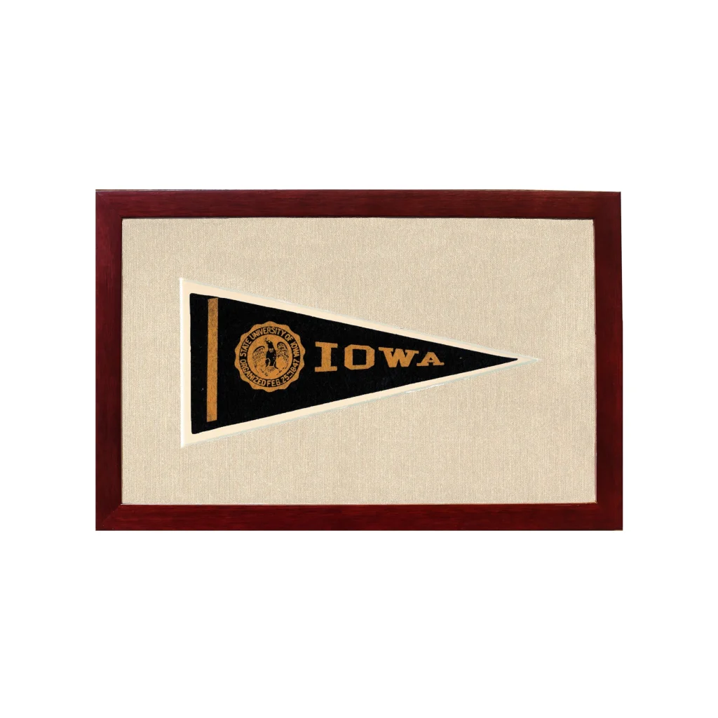 Vintage University of Iowa black pennant in dark wood frame