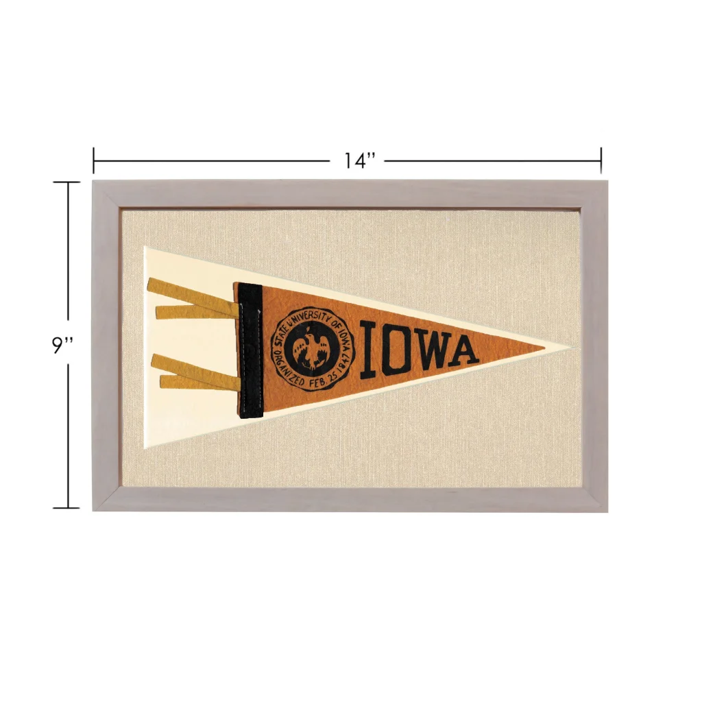 Vintage University of Iowa pennant in tan and black frame