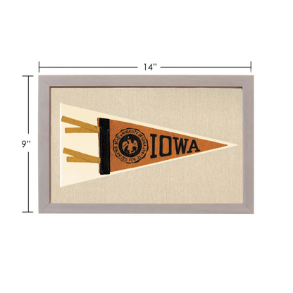 Vintage University of Iowa pennant in tan and black frame