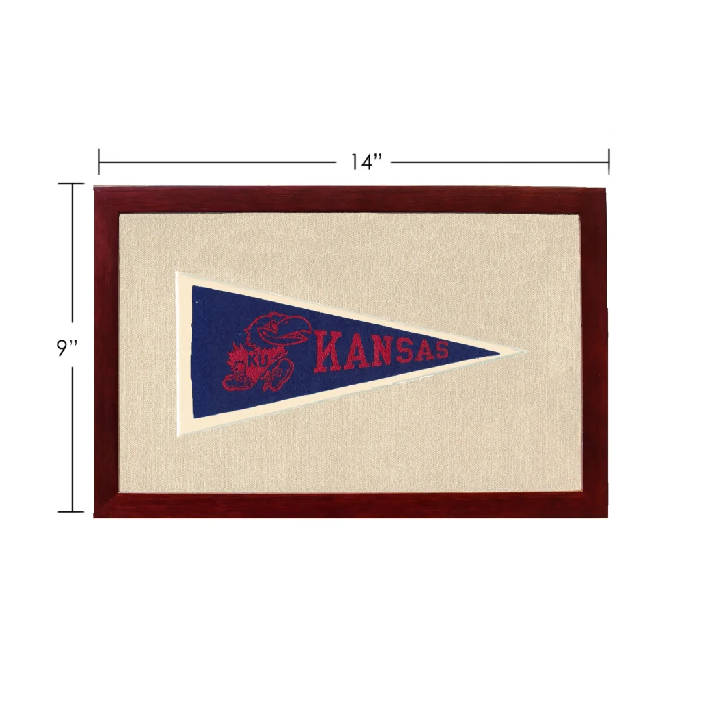 Vintage University of Kansas pennant framed with navy blue background