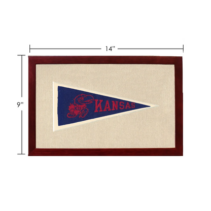 Vintage University of Kansas pennant framed with navy blue background