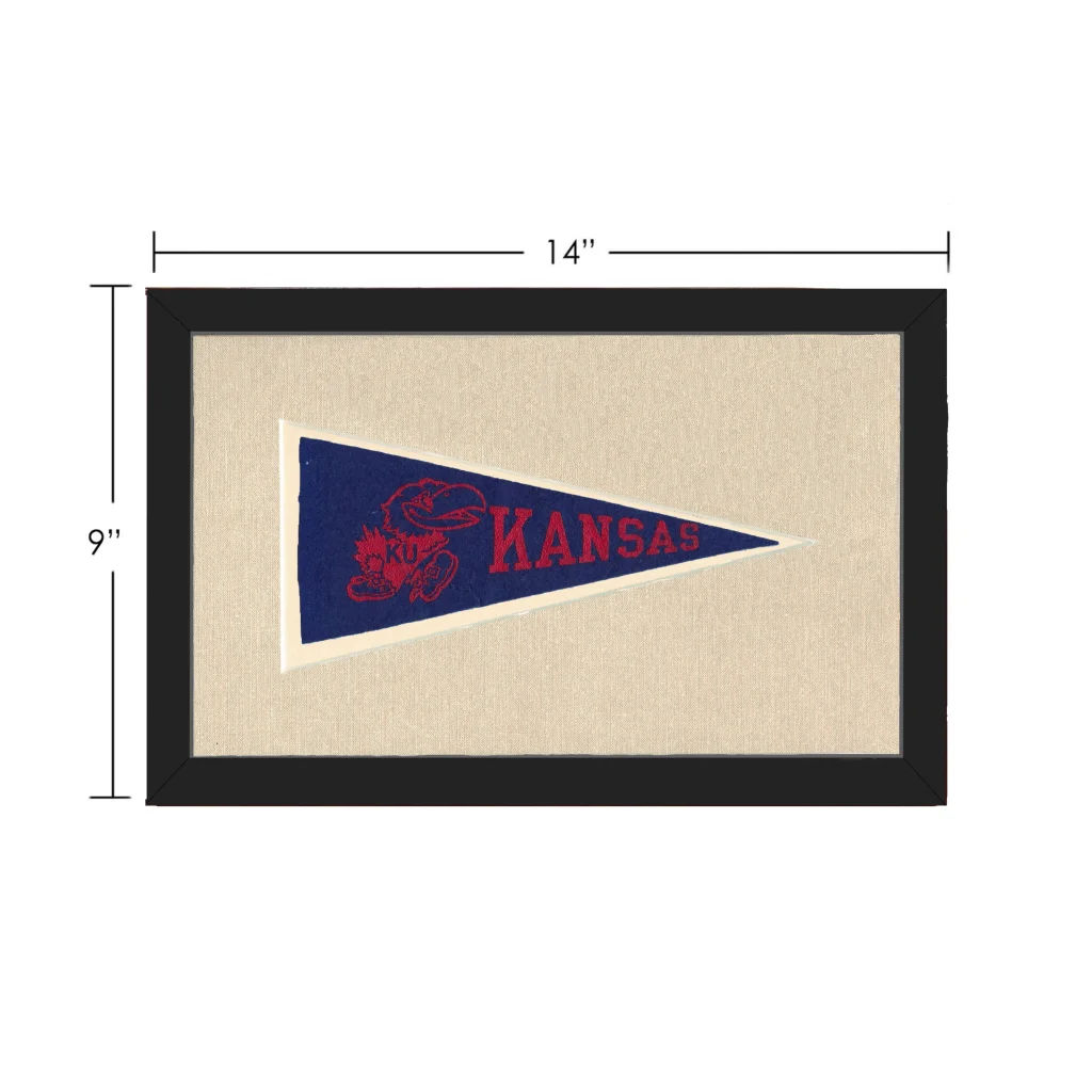 Vintage University of Kansas pennant in navy blue with red lettering and mascot