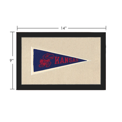Vintage University of Kansas pennant in navy blue with red lettering and mascot