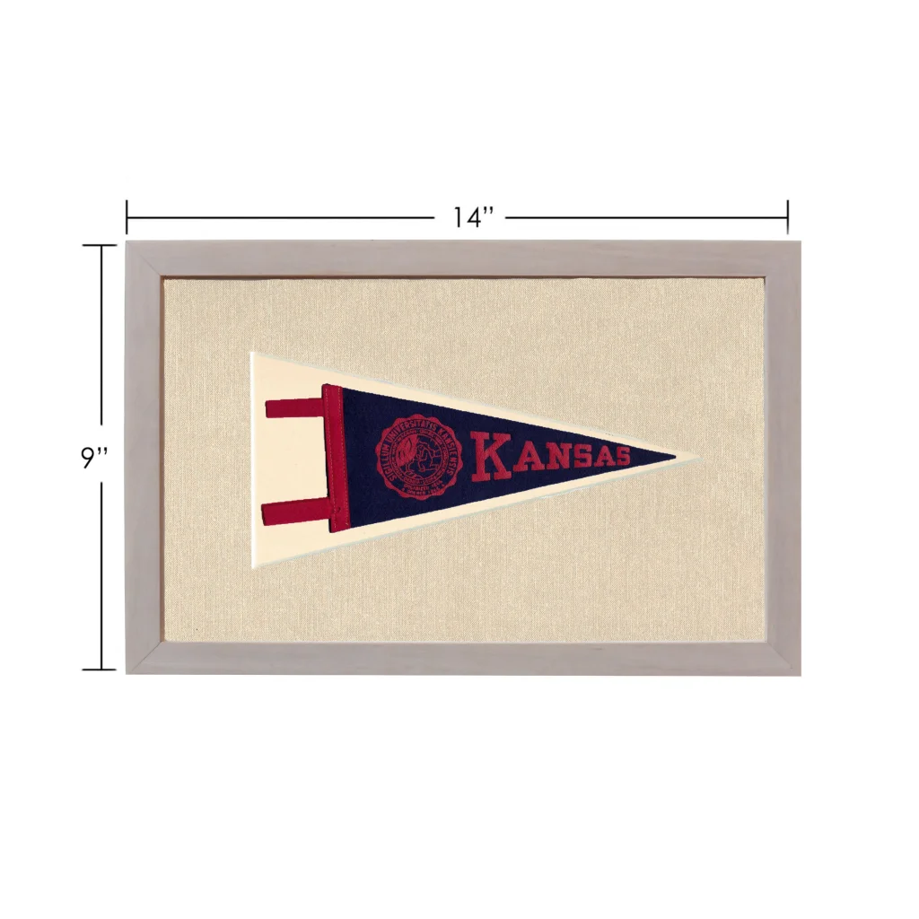 Vintage University of Kansas pennant in navy blue, cream, and red embroidery